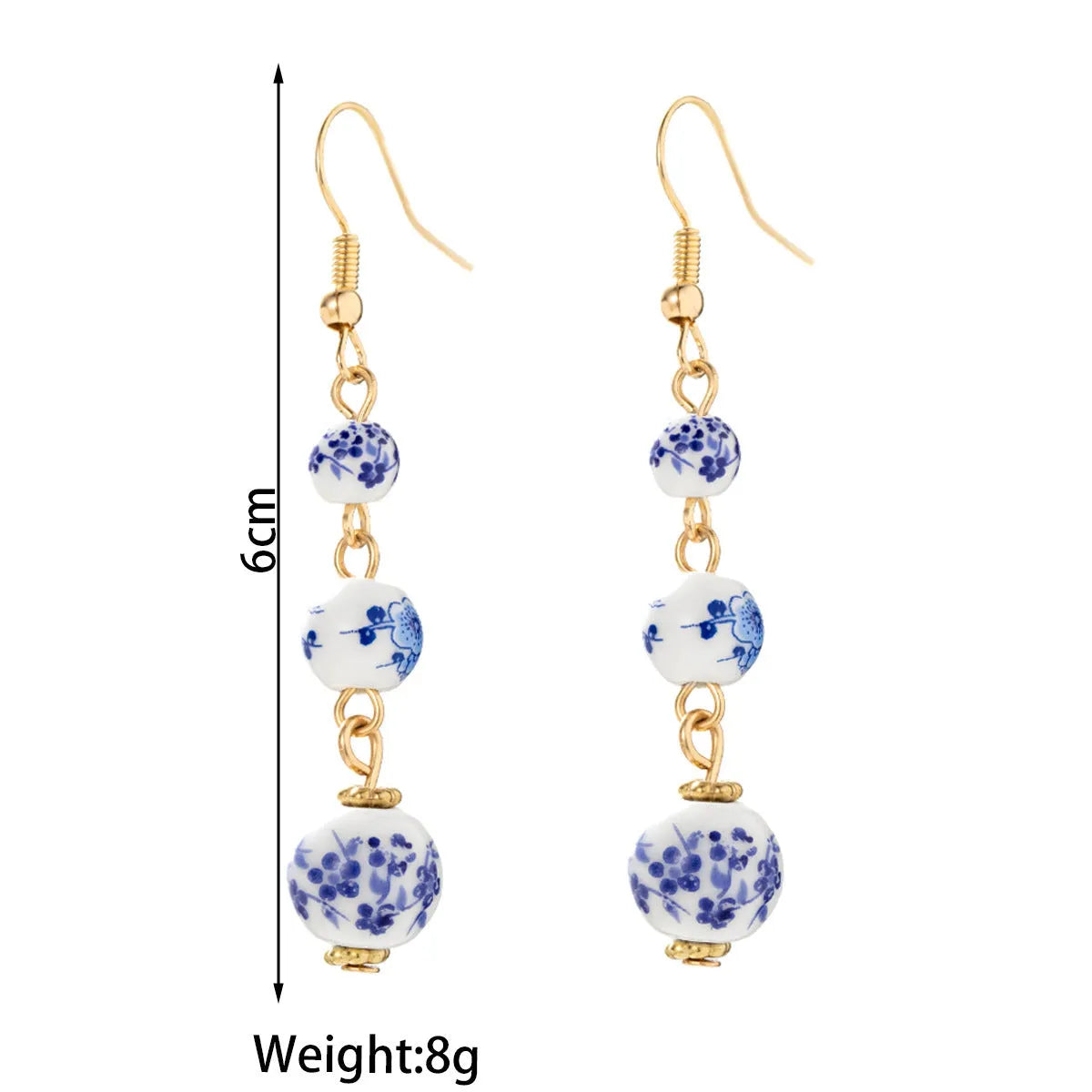 Blue and white porcelain ceramic bead geometric retro earrings with alloy electroplated finish