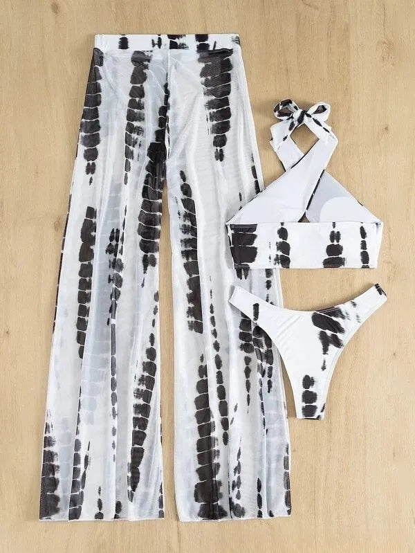 Women's black printing three-piece swimsuit set with mesh trousers, bikini top, and underpants.