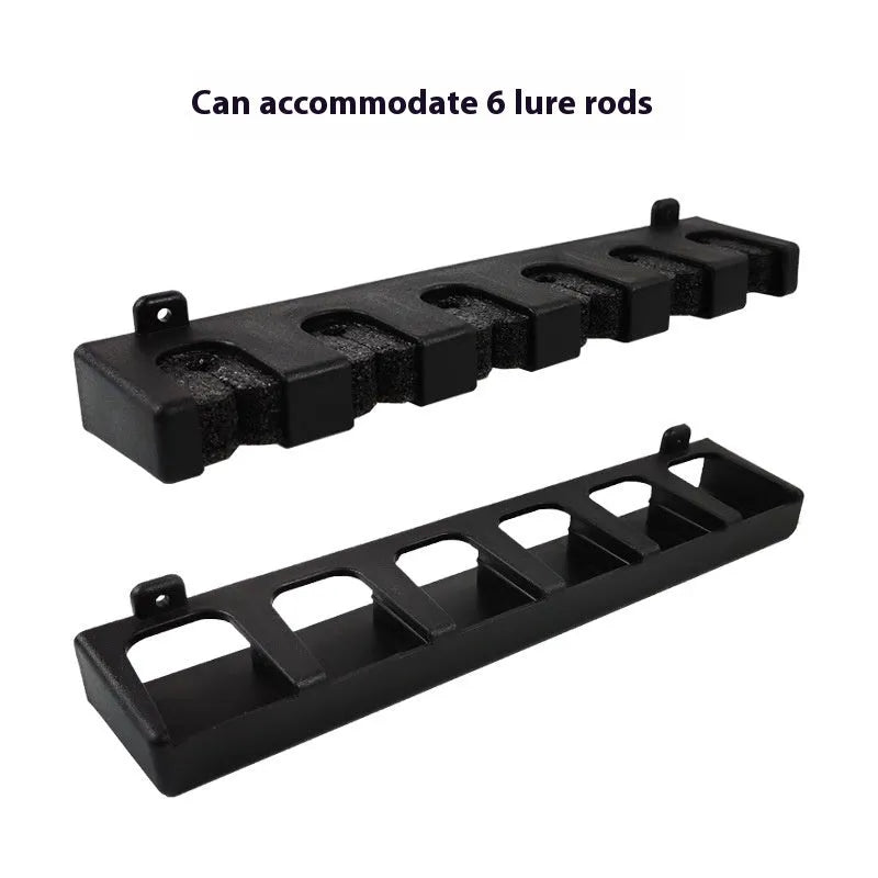Black ABS plastic wall-mounted fishing rod holder in horizontal and upright mounting styles