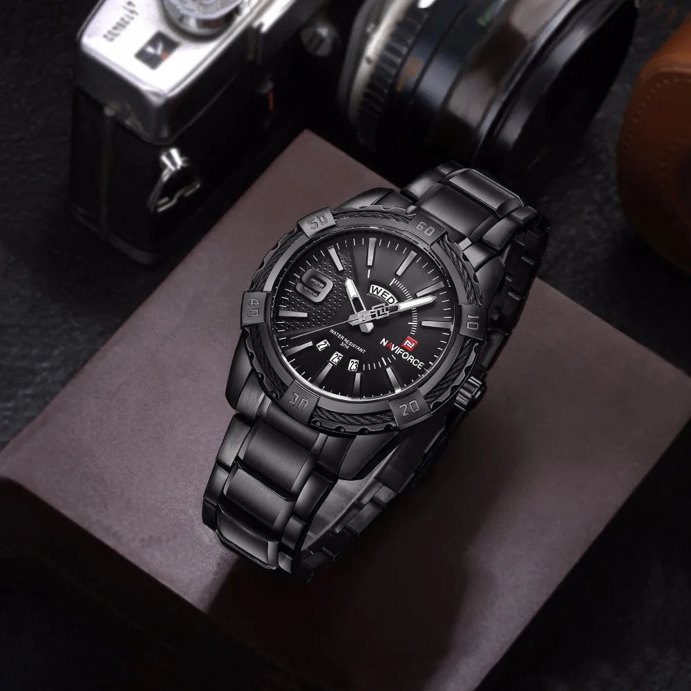 Men's waterproof quartz watch with silver alloy case, stainless steel strap, 46mm round dial and world time display.