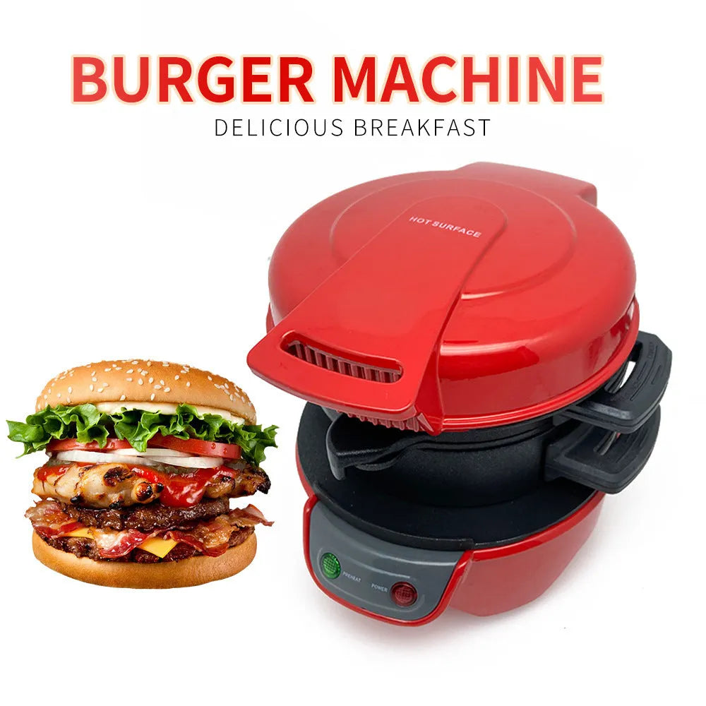 Bright red multifunction breakfast machine with sandwich press and egg cooker ring on baking tray