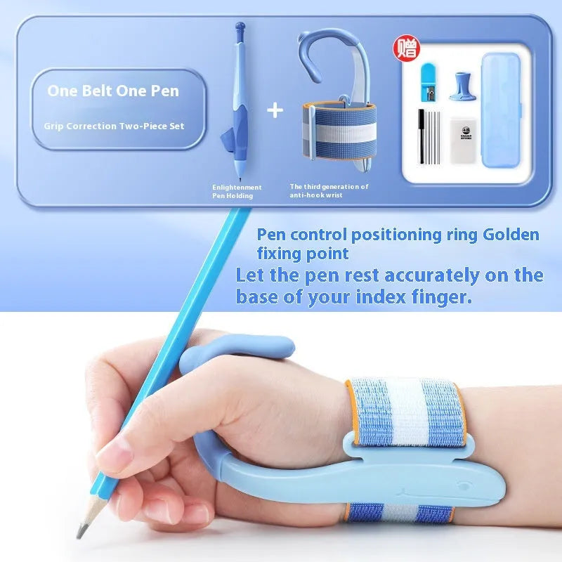 Blue and pink anti-hook pen holder corrector for writing posture training