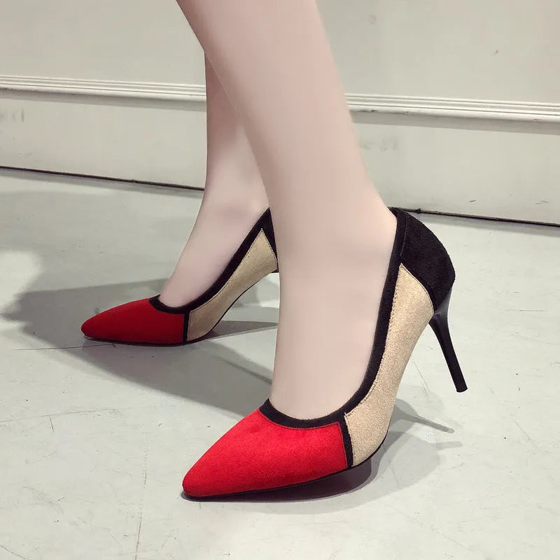 Colorblock high heels with pointed toe, hollow upper detail, beige and red colour options, sizes 34 to 39