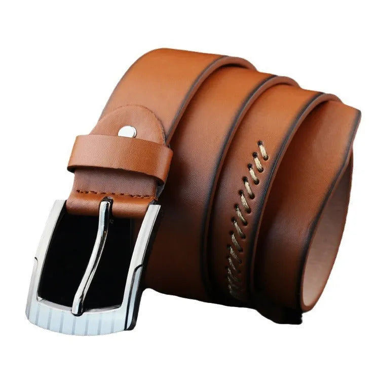 Men's retro threading casual belt with alloy pin buckle on imitation leather