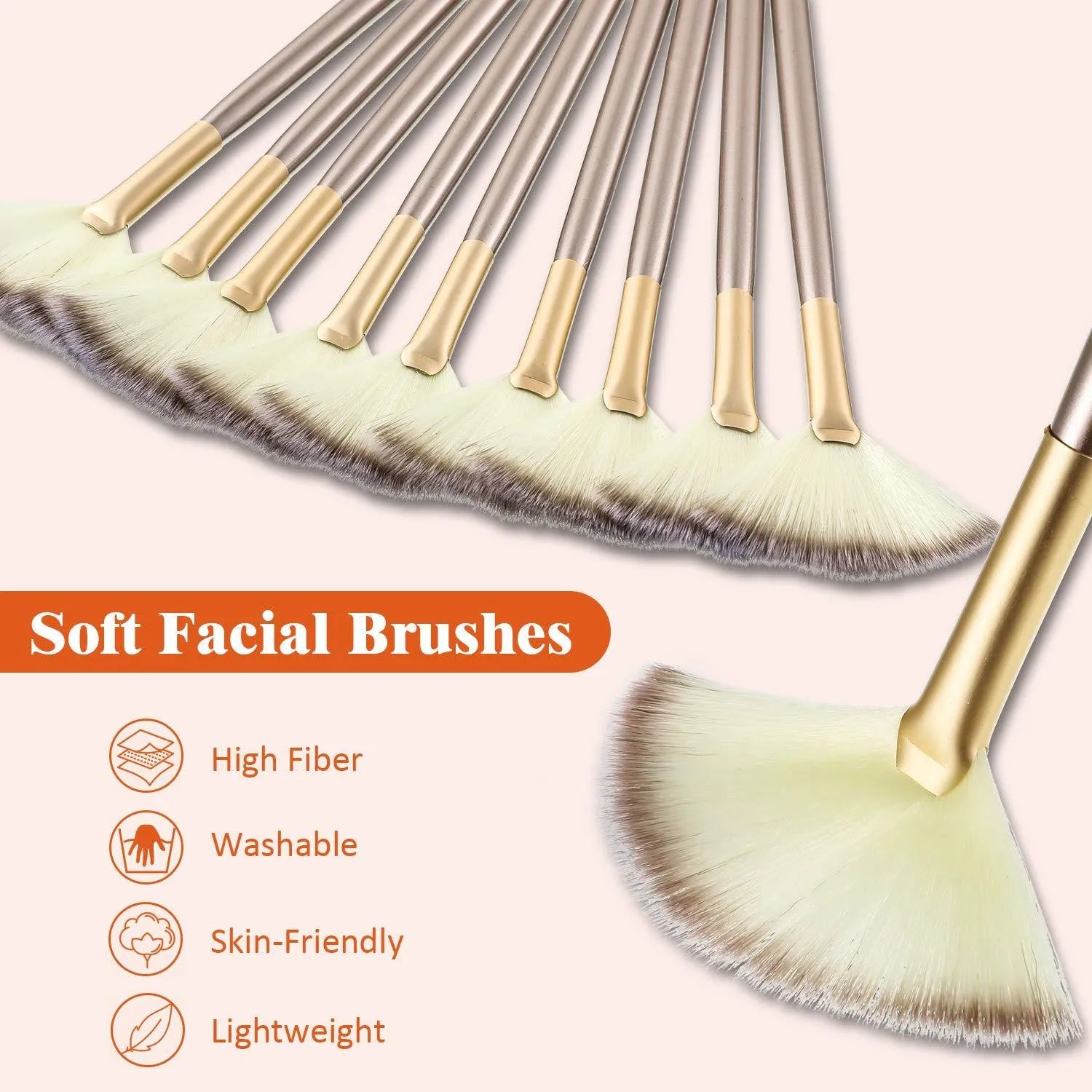 Ten professional champagne-coloured facial fan brushes with acrylic handles and protective covers.