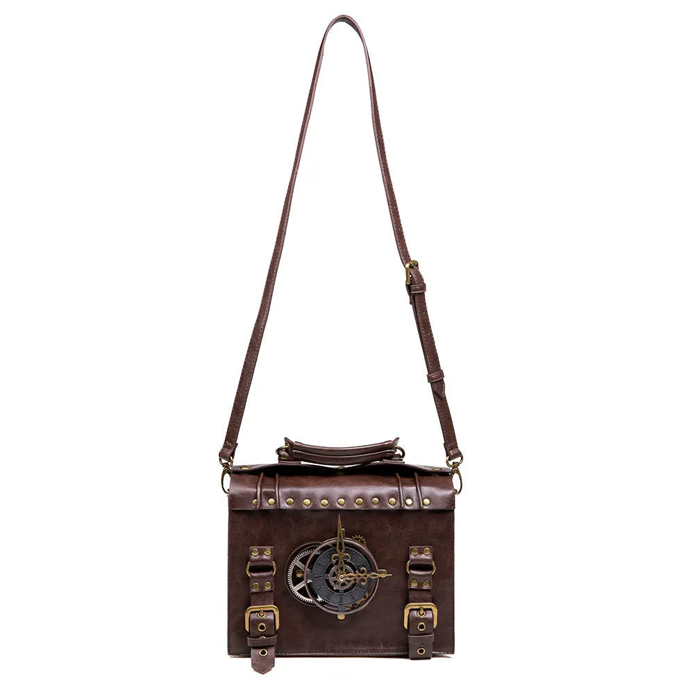 Bronze steampunk pillow shoulder bag with metal hardware on a textured PU leather surface.