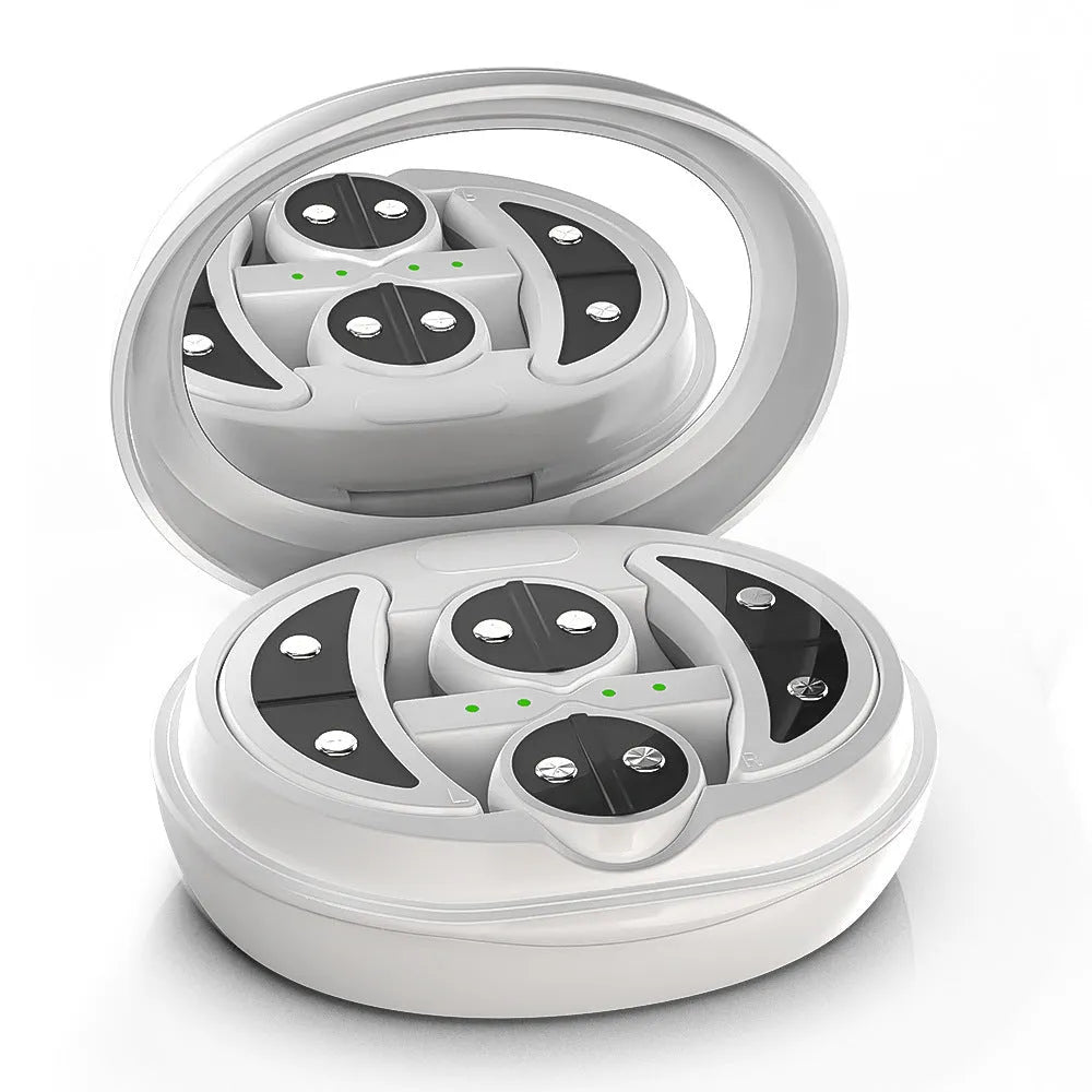 White wireless red light EMS facial and eye massage beauty device on a clean background.
