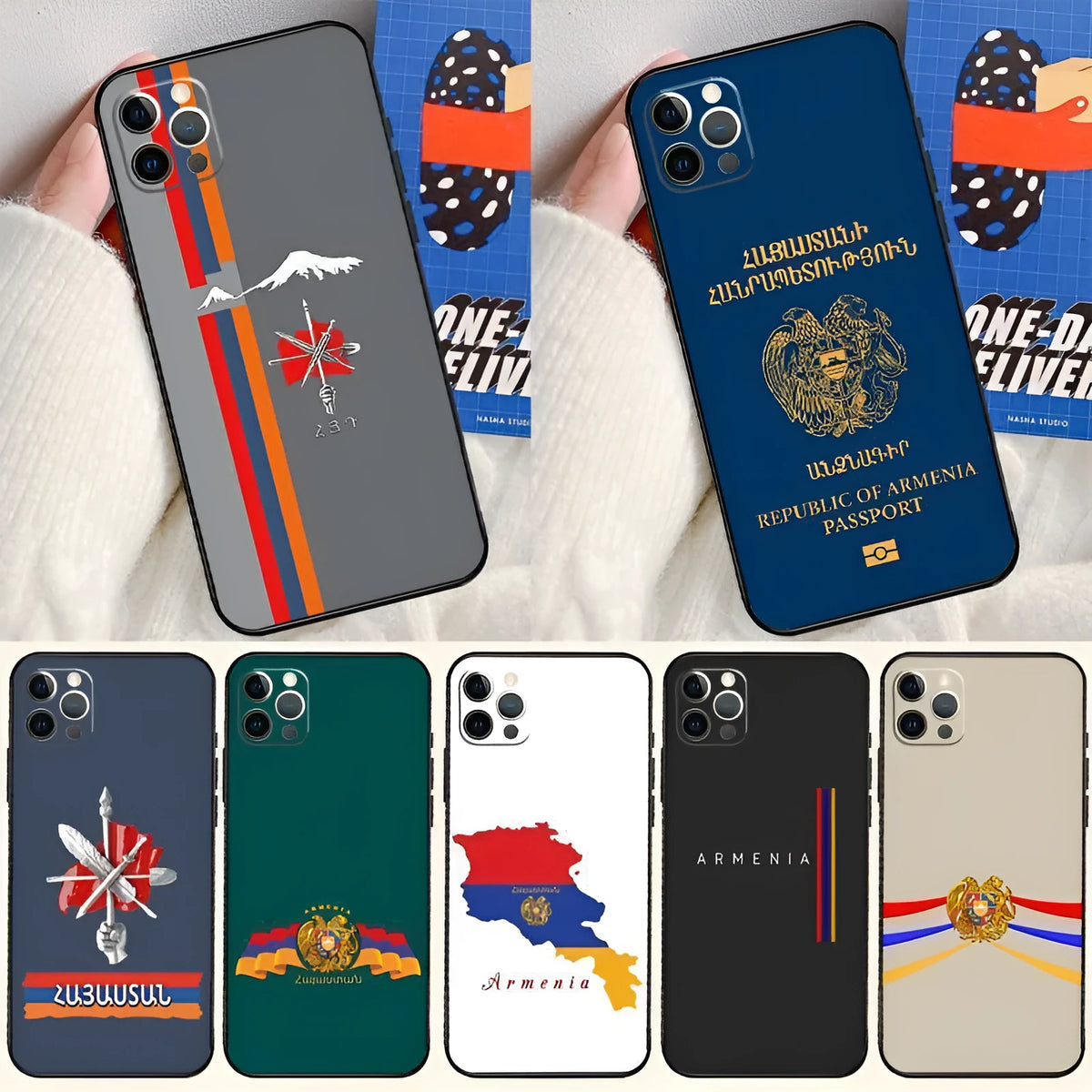 Black TPU soft shell phone case with Armenian flag design, compatible with iPhone 14 series models.