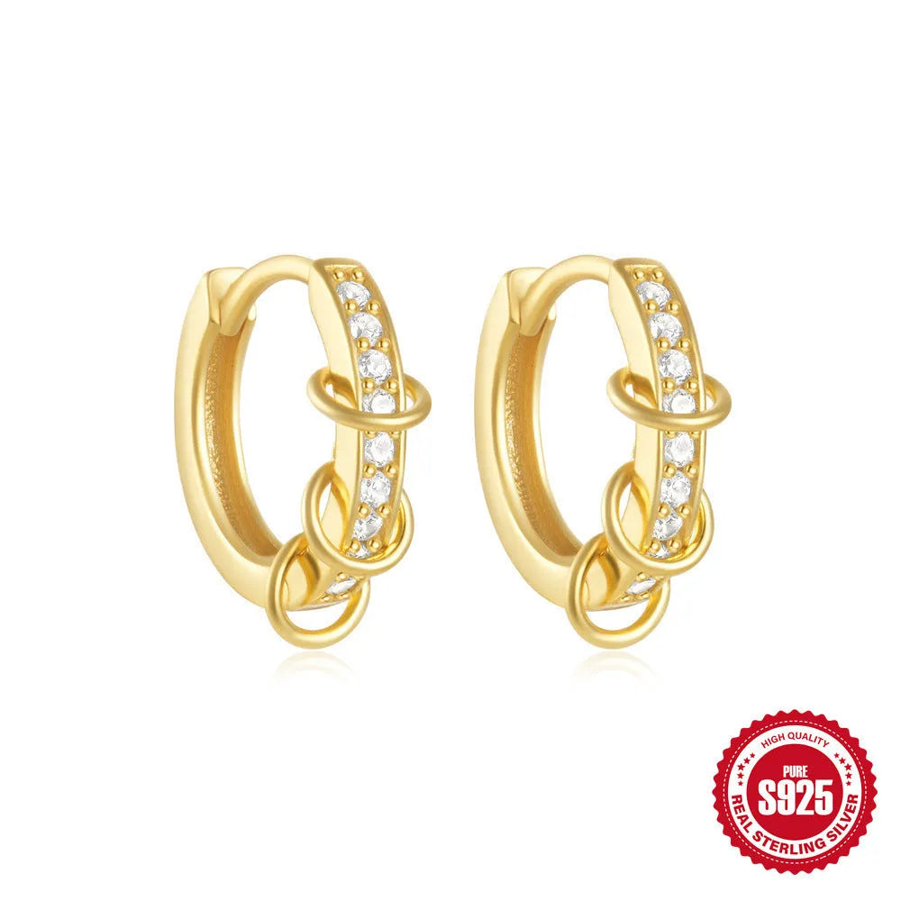 Sterling silver geometric stud earrings with round diamond eardrops in gold and silver colour options