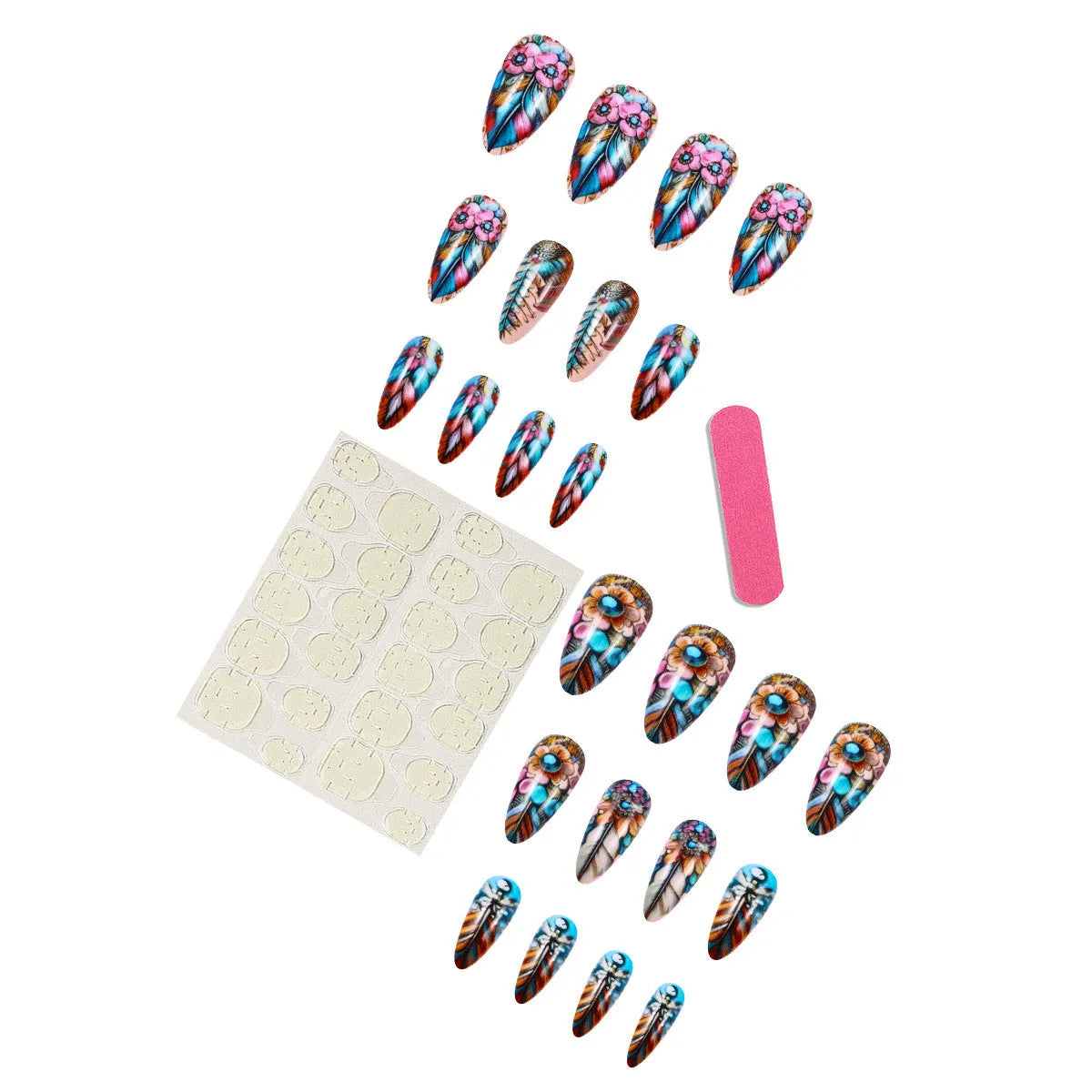 Retro style nail art kit with colourful feather pattern burnishing sticks on plastic tools