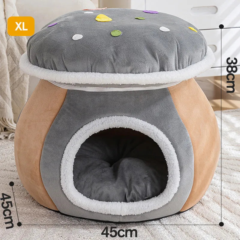 Mushroom-shaped plush cat nest bed in grey, pink or purple colours showing thermal texture