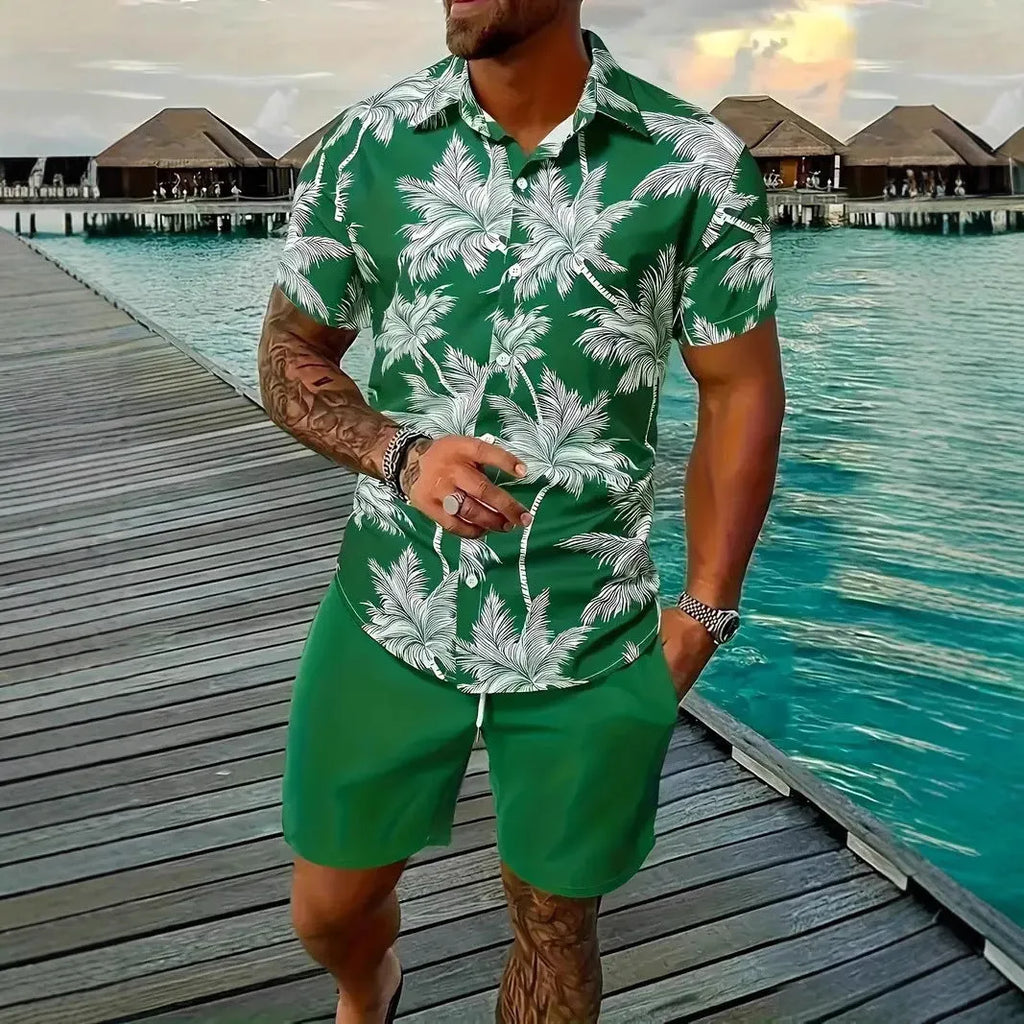 Men's Hawaii print short sleeve top and matching shorts leisure suit set on a hanger