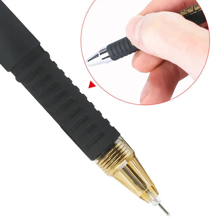 Carbon black gel pen multipack showing bullet tip and needle tip options with plastic barrels