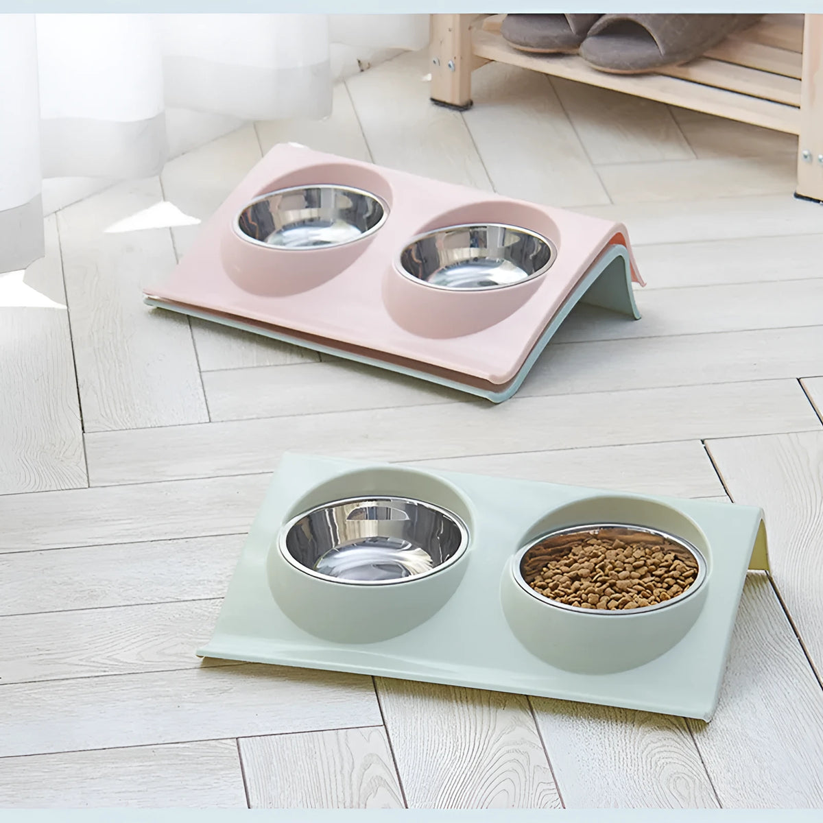 Stainless steel pet double bowl with PP raw material, medium 14.2 x 4 cm inner bowl, green pink blue options