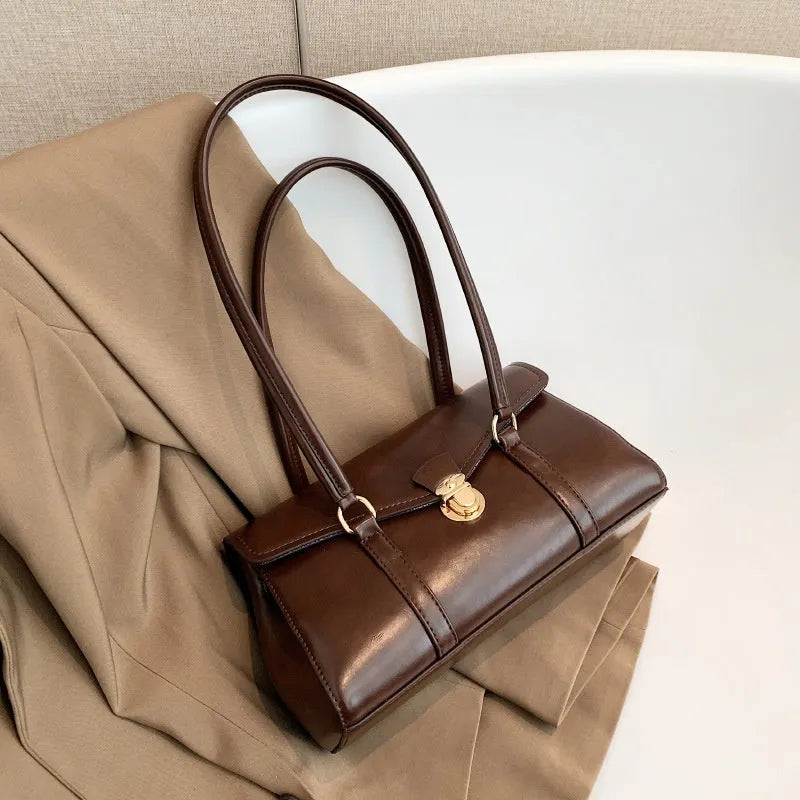 Retro PU underarm document tote bag for women in brown with sewing thread accent
