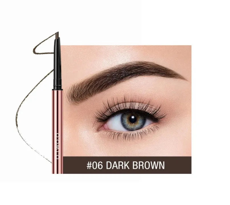 A brow make-up pencil in a colour box, showing six available shades like Auburn, Blonde, Caramel, and Taupe.