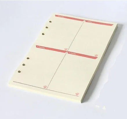 Colored A5 binder filler paper sheets in different styles including lined, grid, and weekly plan