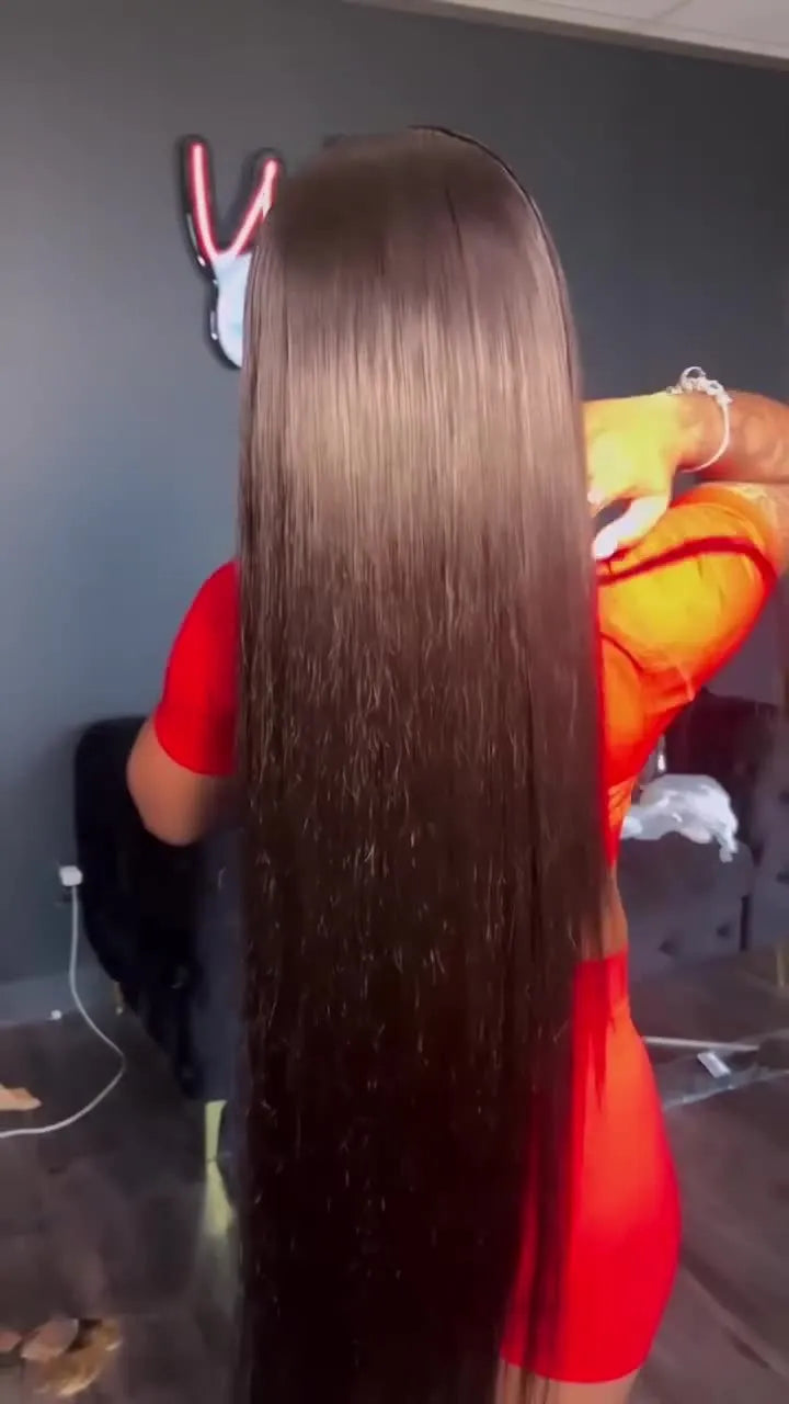 13x4 straight lace front wig in human hair, hand woven, with centre-parted bangs and long straight style.