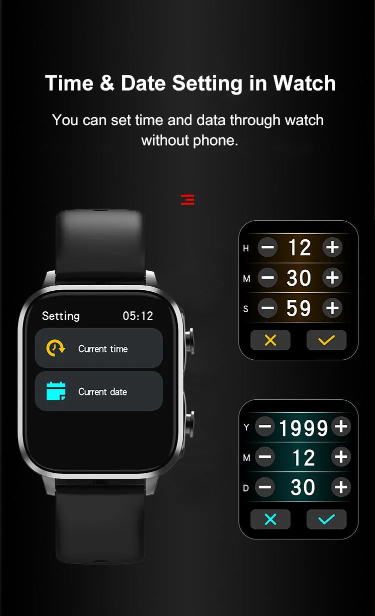 Black two-in-one Bluetooth smart watch with TFT touchscreen and headset for calls, heart rate and blood pressure monitoring