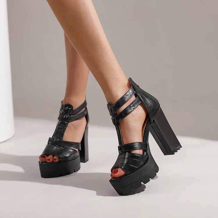 Round-toe platform high heel sandals with back zipper in black, wine red, or yellow