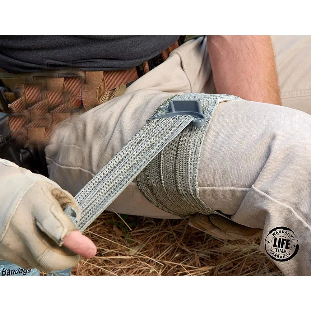 Packaged roll of tactical hemostatic gauze bandage showing 10cm and 15cm size options.