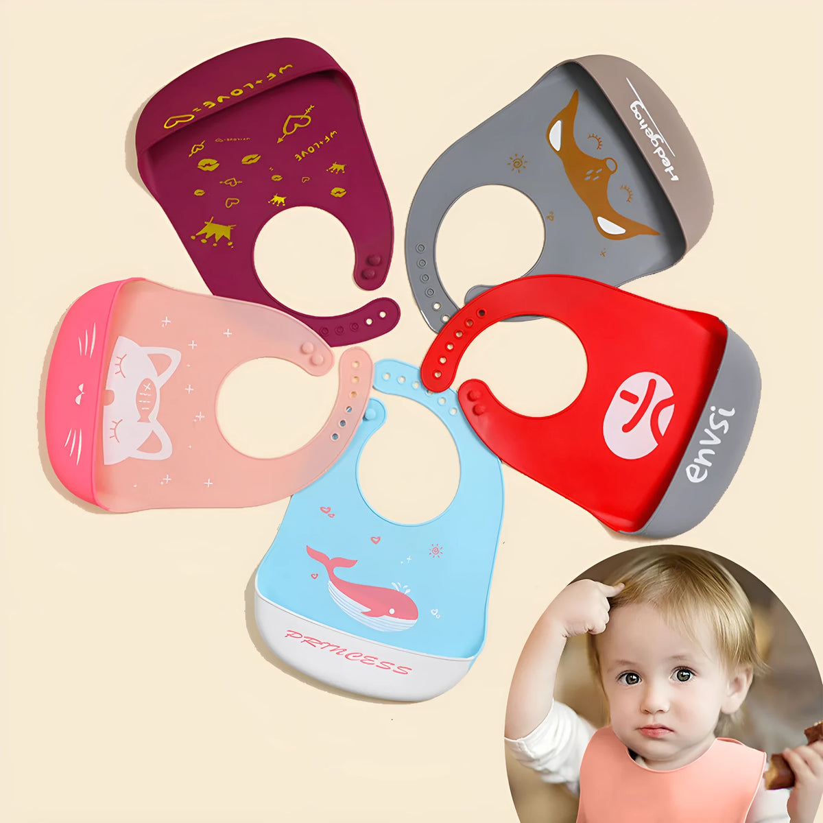 Waterproof silicone baby bib with food catcher pocket and adjustable neck in cartoon print.