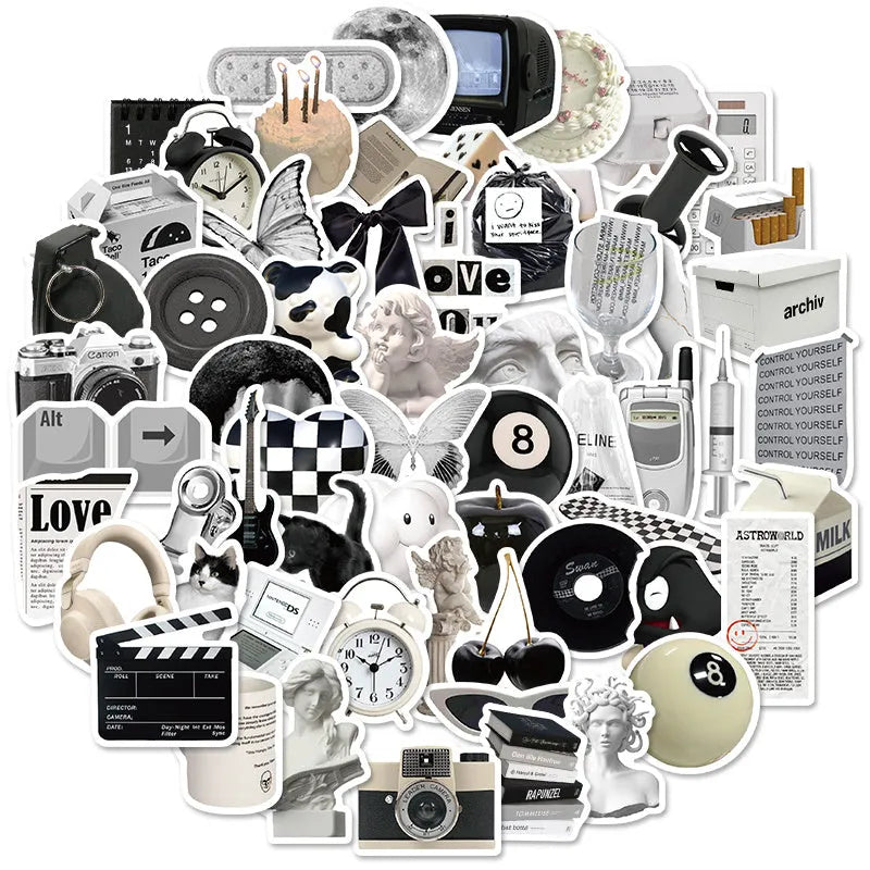 Black and white waterproof sticker sheet with 61 designs for laptop cup phone case decoration