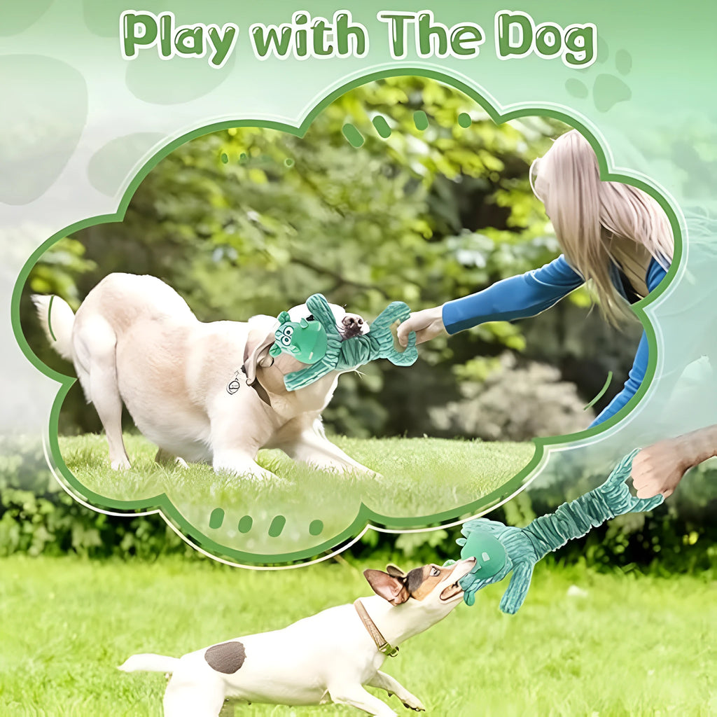 Large squeaky plush dog toy with telescopic body and handle for tug of war play