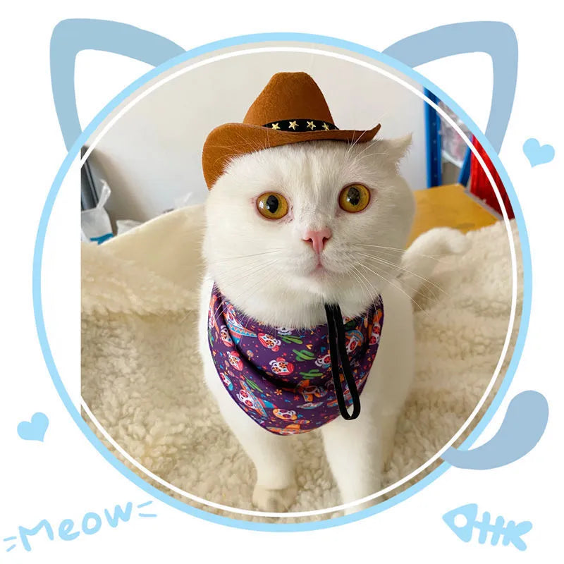 XINGX brown and black British-style cowboy hat for cats on a mannequin head.