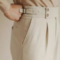 Men's slim-fit formal trousers in polyester-blend fabric available in black, white and apricot colours