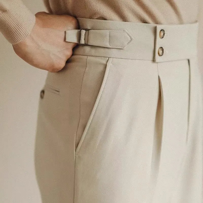 Men's slim-fit formal trousers in polyester-blend fabric available in black, white and apricot colours