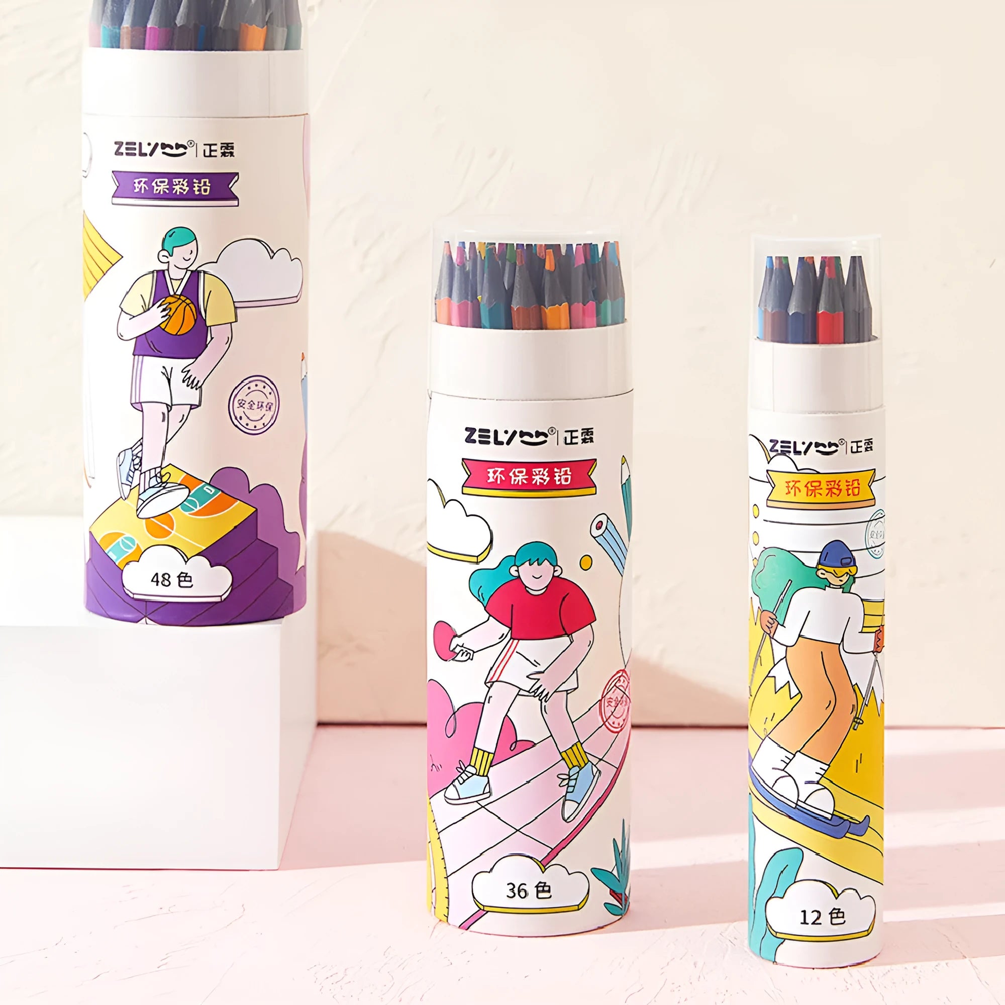 Zhenglin Sports Series children's colouring pencils in multiple colour counts with paper barrel construction