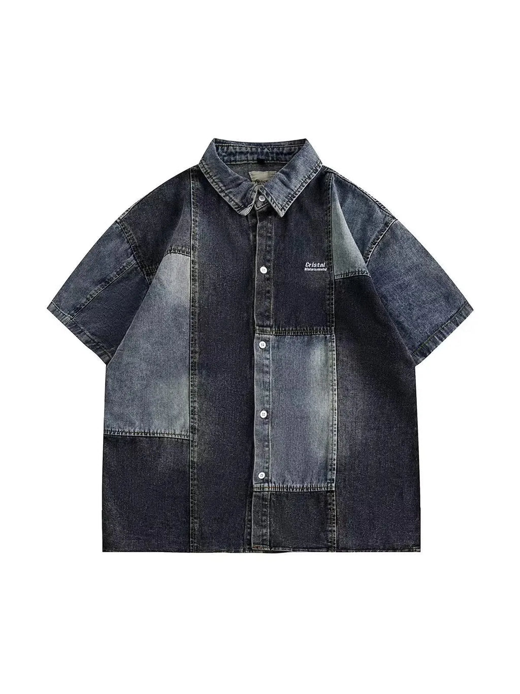 Blue Japanese-inspired retro denim shirt for men with washed stitching and loose cardigan cut