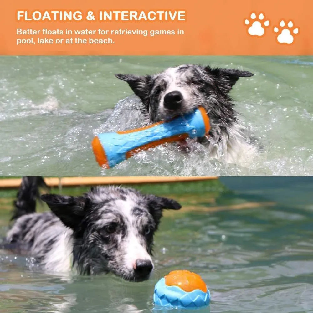 TPR squeaky dog toy set with ball, tires, and barbell floating in water