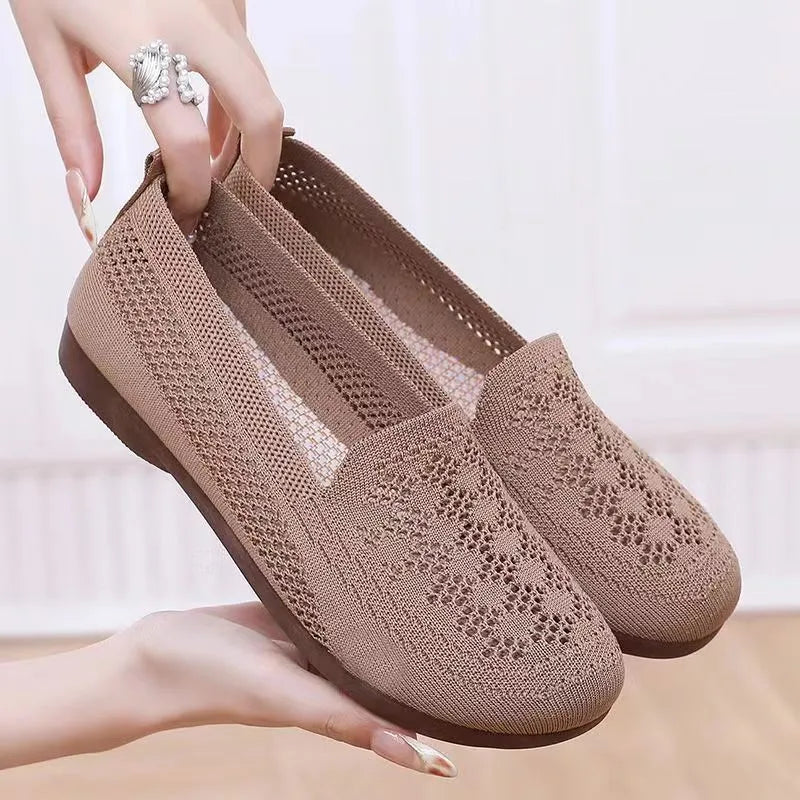 Women's beige anti-skid tennis shoes with mesh uppers and PVC soles for wide feet