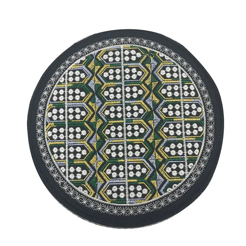 Flat top cotton Muslim hat for men in yellow green with embroidered detailing