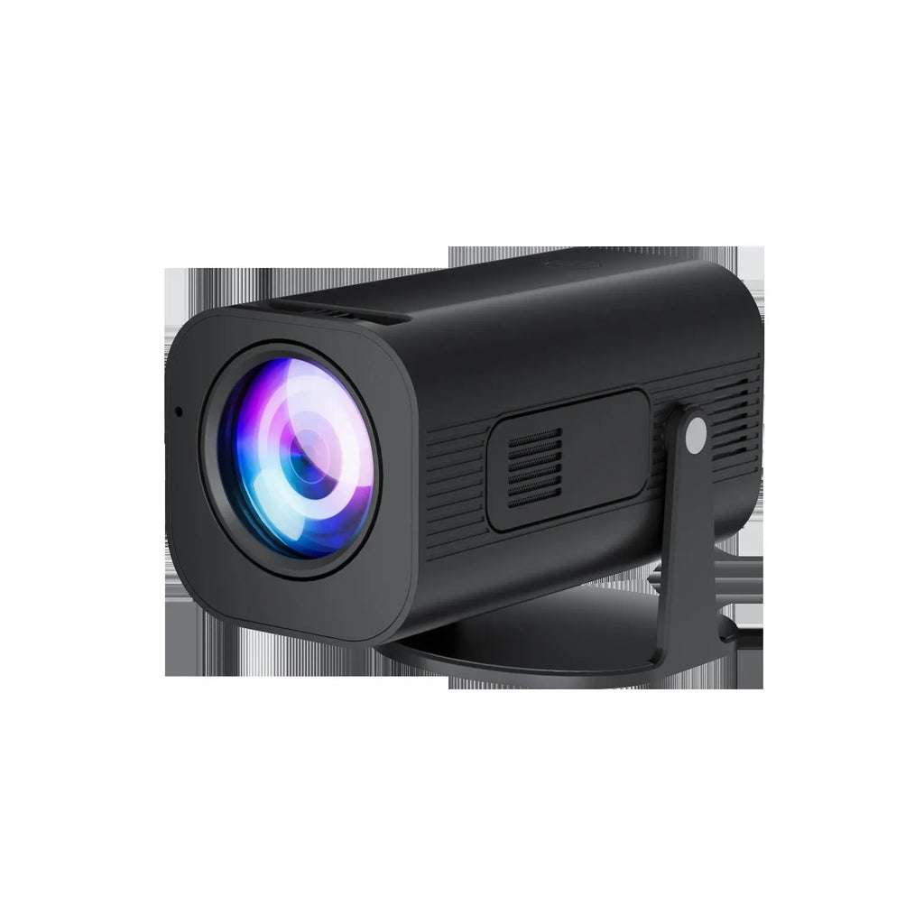Black P330 portable mini projector with remote control on white background