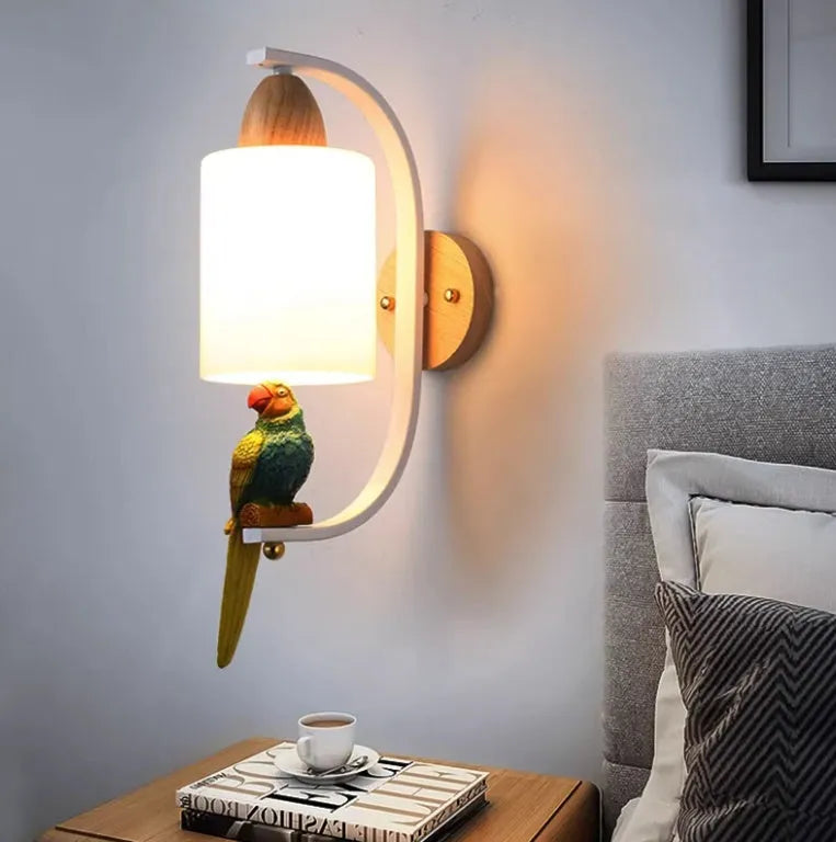 Bird wall lamp with iron and wood body, glass shade, spray-painted finish, 42x21x12cm