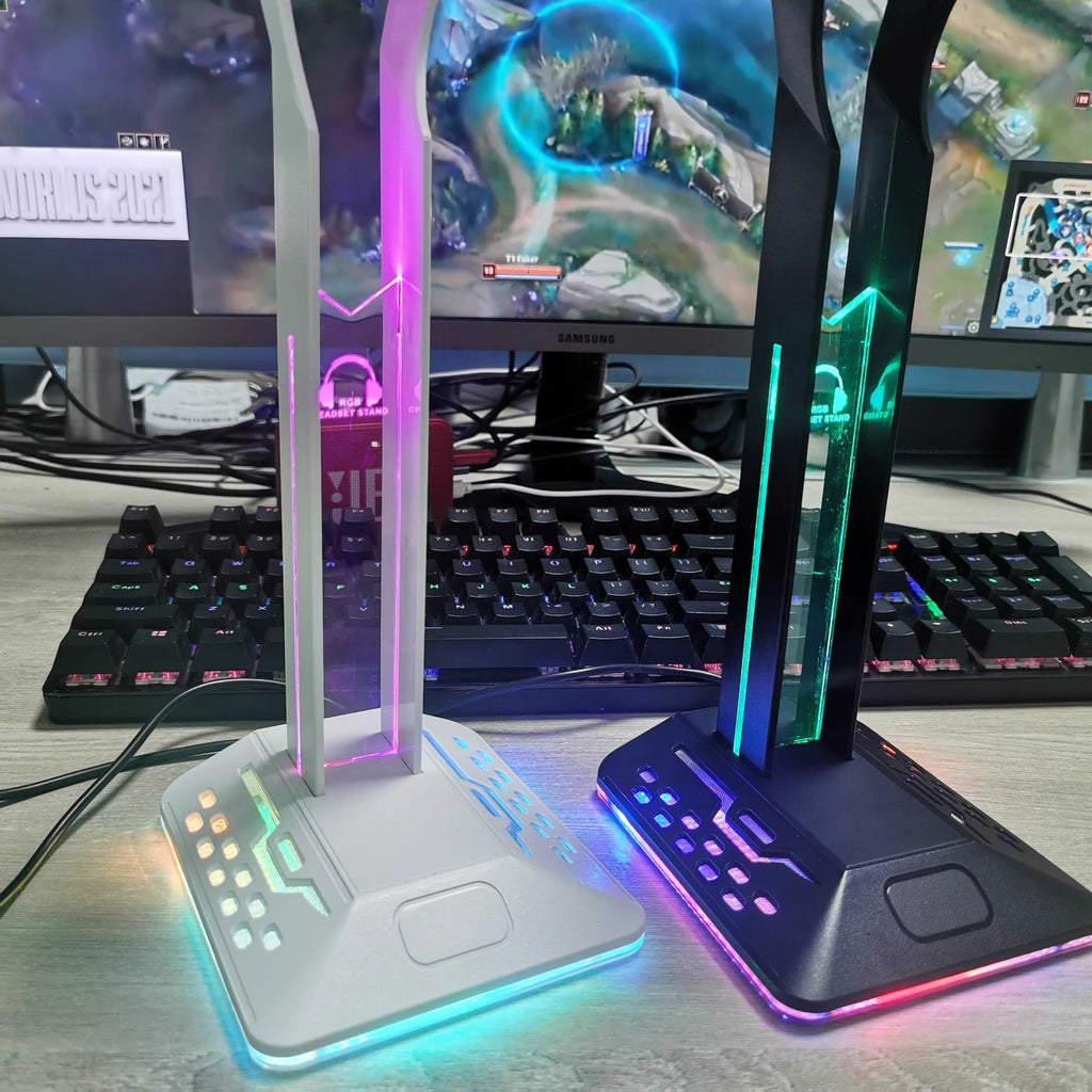 RGB headphone display stand with colour changing lights and dual USB ports in acrylic construction