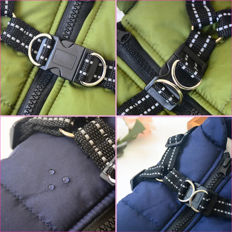 Waterproof dog coat with integrated harness in rain silk fabric, available in multiple colours and sizes