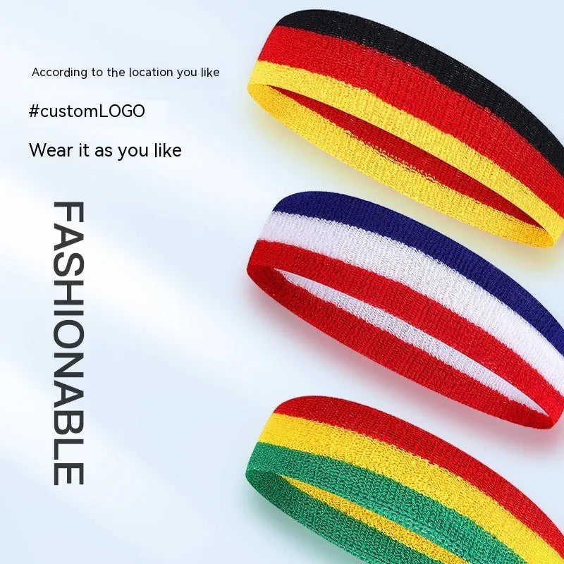 Adult sports headband in multiple colour combinations including black red yellow and blue white red.