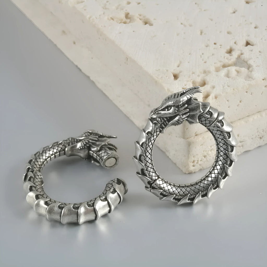 Large geometric dragon pattern hollow out earrings in antique silver finish