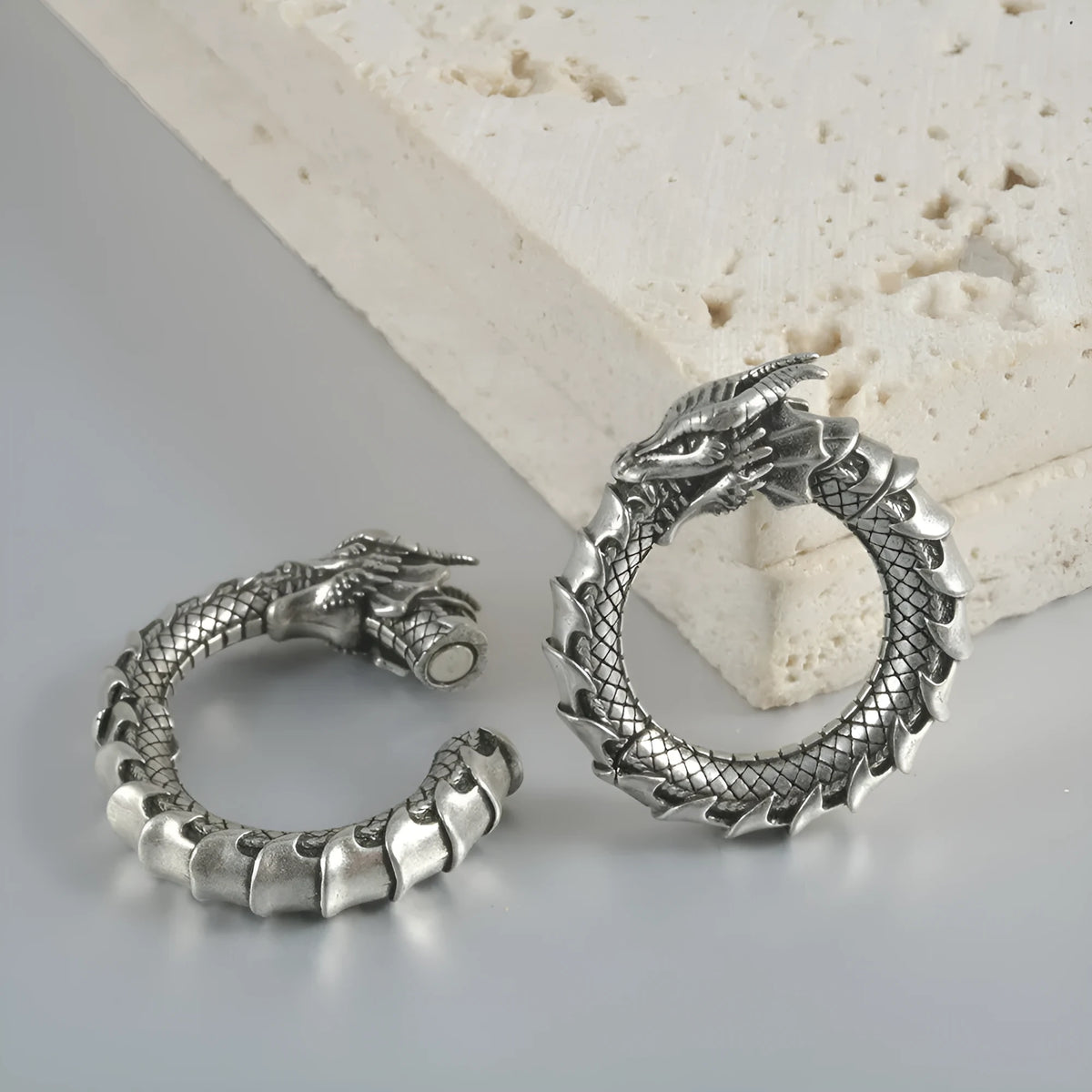 Large geometric dragon pattern hollow out earrings in antique silver finish