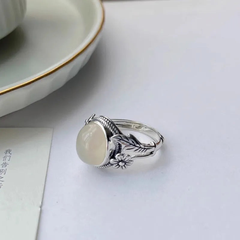 White chalcedony vintage ring with adjustable opening and antique copper finish