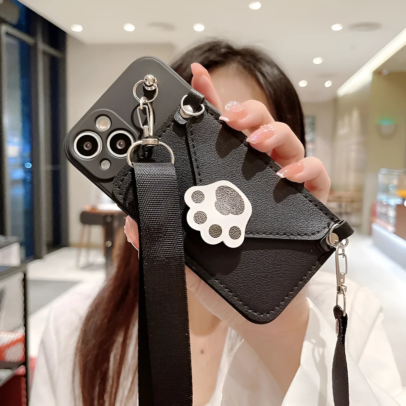 Cat's Paw TPU crossbody phone case drop-proof protector in black for iPhone