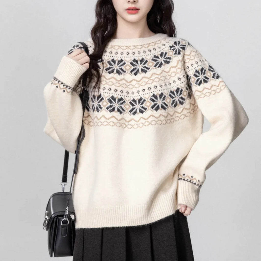 Women's Milky White vintage Fair Isle geometric pattern knit pullover sweater with loose fit.