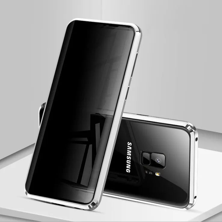 Black anti-peeping magnetic phone case for Samsung Galaxy showing clamshell design and privacy screen