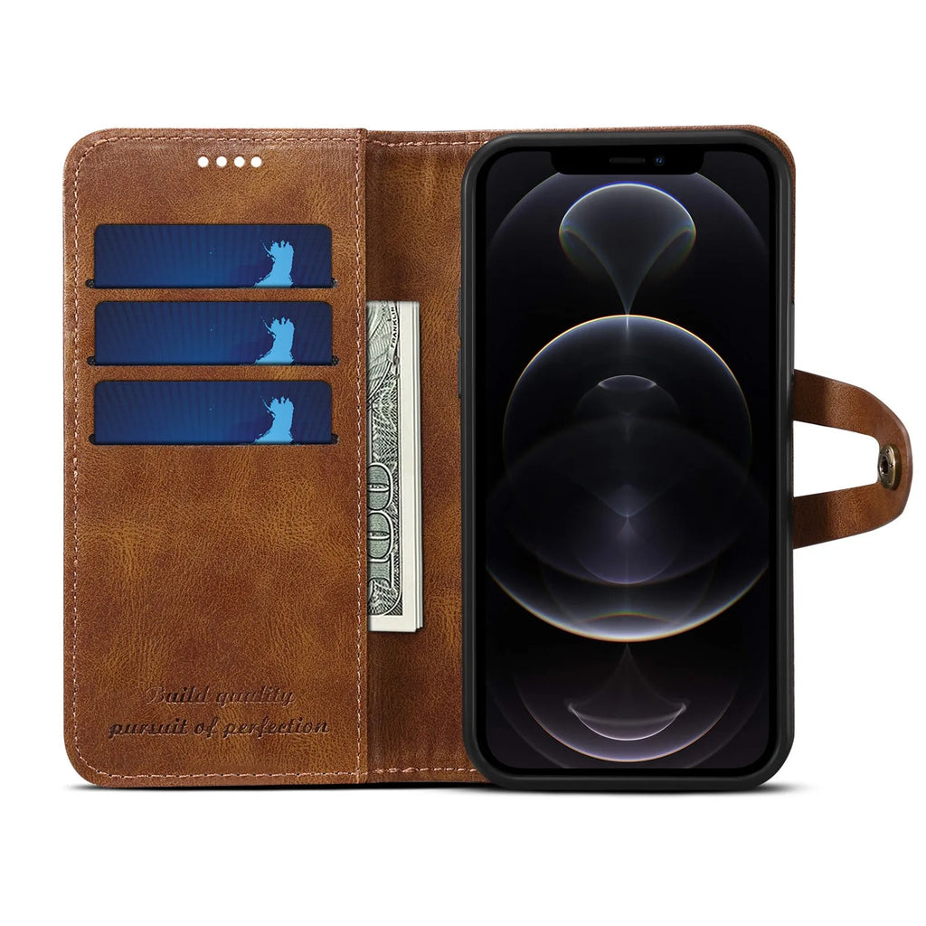 PU flip wallet phone case for iPhone 12 and 13 models in black, brown, red or blue
