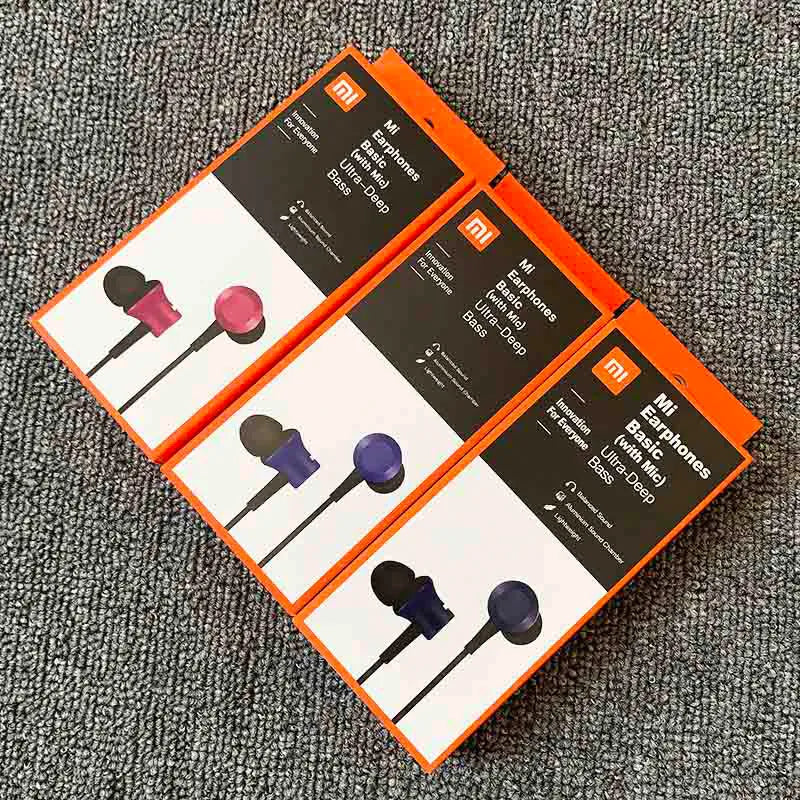 Piston-style in-ear wired headphones with 3.5mm audio jack in black, blue, and red colour options
