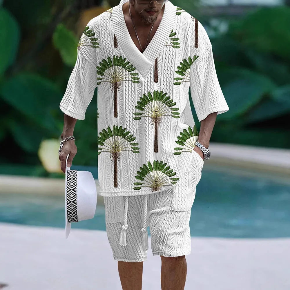Men's loose casual two-piece suit set with short sleeve top and matching shorts